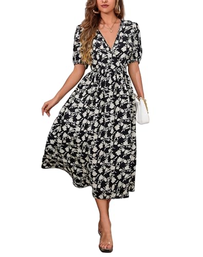 Image of Women's Elegant Floral Dress Coll. (All-Seasons) - Sleeveless /Short /Midi, V-Neck Ruffle, Fashion Casual Party Dresses