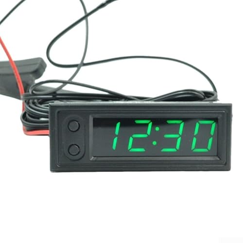 Lecreatekit Horloge de voiture 3 en 1 12 V 3 en 1 avec thermomètre, voltmètre, horloge multifonction à affichage numérique LED, assure une visibilité claire même pendant la journée (vert)