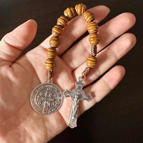 Saint Benedict Medal Prayer Pocket Rosary Catholic Brown Wood Beads with Medalla de san benitol and Crucifix, 9 Inch(Silver)3