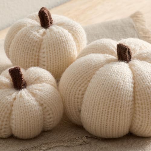 Image of Set of 3 Multi-size Cozy Knit Pumpkins (Snowdrop Large Multi-size set) | Fall Home decor, Shelf sitters, Bowl fillers, Gift for Friend