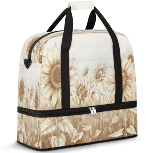 Travel Duffel Bags Vintage Sunflower Prints Foldable Weekender Bags for Women with Shoes Compartment Waterproof & Tear Resistant Carry on Overnight Luggage Duffel Bag Shoulder Sports Tote Bag