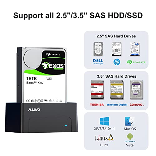 Maiwo Sas To Usb 3.0 Adapter, 2.5 3.5 Inch Sas Hard Drive Docking Station Enclosure Reader With 12V 2A Power Adapter, 5Gbps With Uasp, Up To 18Tb, Tool Free #TOP1