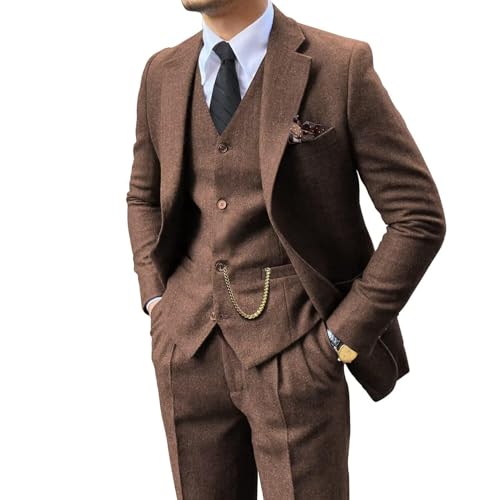 3 Piece Suit Tweed Herringbone Men's Suits Slim Fit Groom Tuxedos Set Prom Brown Grey Jacket Blazer Vest Pants Brown XXL