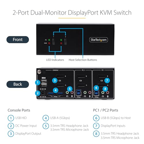 Image of StarTech 2-Port Dual DisplayPort KVM Switch, 4K 60Hz, USB 5Gbps, TAA, Hub | USB emulation, 2.0 HID, Hotkey, Push-Button, Compliant, Two computers, Combo keyboard mouse support, Audio
