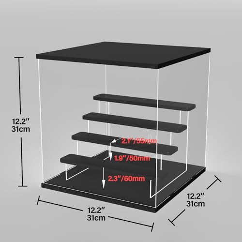 Image of Sheenory Clear Acrylic Display Case with LED Light, 5 Tier Dustproof Showcase for Collectibles, Figures & Model Cars, Stackable Display Box (Black, 12x12x12 in)