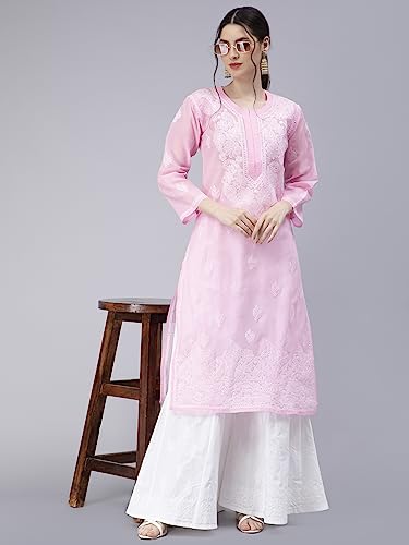 Image of Seva Chikan Hand Embroidered Lucknowi Chikankari Cotton Kurta Kurti for Women SCL4316