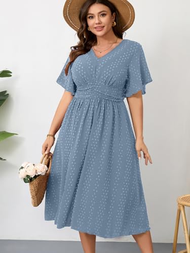 Image of RWJ Women's Plus Size Maxi Dress V Neck Short Sleeve Swiss Dot A Line High Waist Boho Swing Casual Summer Dresses