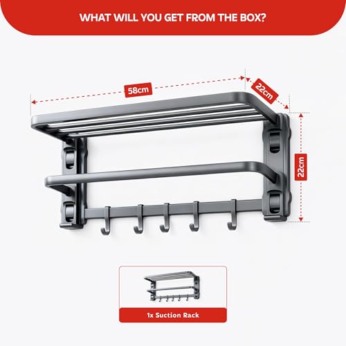 Image of Amazon Basics Suction Towel Rack for Bathroom | Rustproof Wall - Mounted Towel Holder with Hooks | Strong Vacuum Grip, No Drilling Required Grey