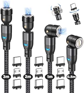 Vattud Magnetic Charging Cable 4-Pack[1FT/3FT/6FT/10FT], 360° + 180° Rotating Magnetic Phone Charger Cable with LED Light,3 in 1 Fast Charger Cable Compatible with Micro USB, Type C and Most Devices
