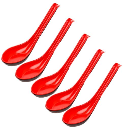 Lot de 5 grandes cuillères à soupe en plastique rouge et noir avec long manche pour nouilles chinoises Won Ton