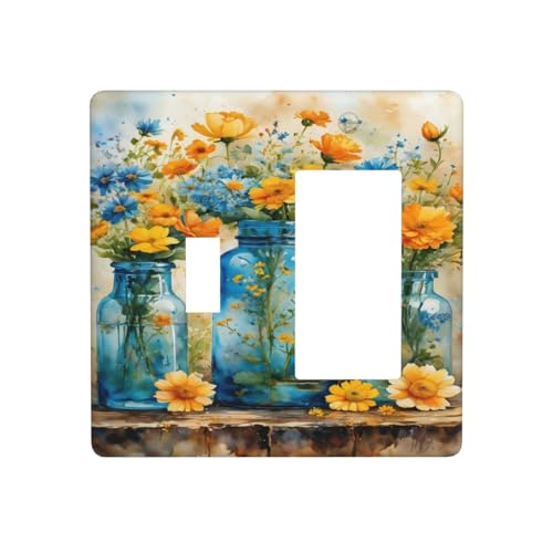 Decorative Outlet Covers Rustic Yellow Flowers Floral Blue Bottles 2 Gang 1 Gang Wall Plate Cover Single Toggle Rocker Combo Light Switch Cover Plate Face Plate for Bedroom Decor