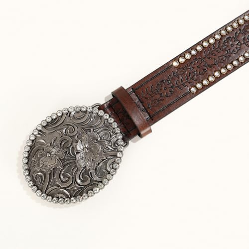 UTOWO Women Western-Cowboy-Belt with Diamond Flower-Buckle Rhinestone Cowgirl Belt Carved Pattern PU-Leather Belt for Jeans 5