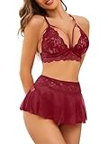 PITINAN Lingerie for Women Lace Lingerie Set Wine Red M