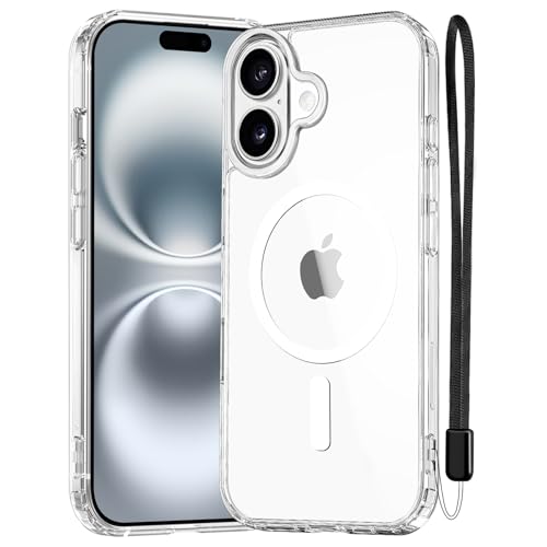 NEW'C Magnétique Coque pour iPhone 16 (6,1 Pouces), Compatible avec MagSafe Antichoc Ultime avec Cordon – Magnétisme Puissant et Protection Militaire - Etui Fine - Transparent