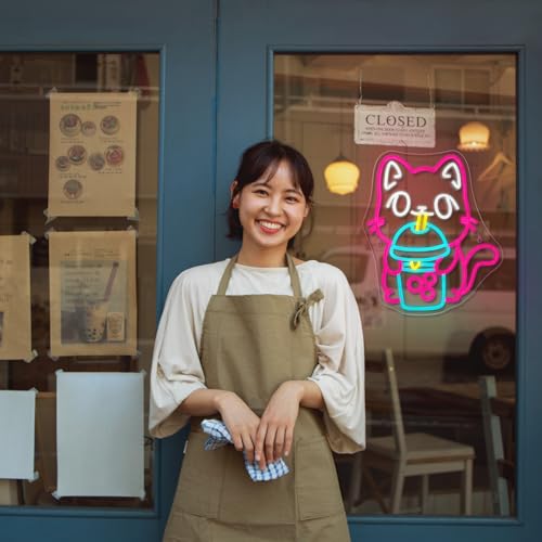 Image of Cat Boba Tea Neon Sign,Cute Pink Kitty Bubble Tea Neon Signs for Wall Decor,Dimmable LED Neon Light Bar Sign,USB Light Up Signs for Kids Bedroom Dimsum Store Cofes Bar Milk Tea Shop