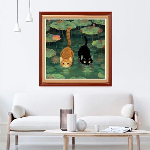 Image of Joyhoor Cross Stitch Kits for Beginners Stamped Cross-Stitch Supplies Needlework preprint Embroidery Kits for Adults DIY Needlepoint Kit Embroidery Patterns 11CT-Cat Pond Fishing 18x18 inch