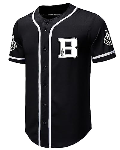 Babyhealthy Baseball Jersey Letter Print Button Down Tshirts Hip Hop Hipster Softball Sports Active Tee For Men Black #TOP19