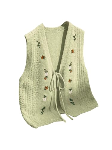 OYOANGLE Women's Floral Embroidered Tie Front Sweater Vest V Neck Sleeveless Knitted Tank Tops