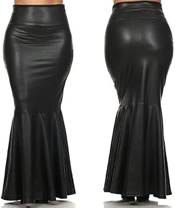 917 - Plus Size Faux Leather Pleated High Waist Maxi Mermaid Skirt