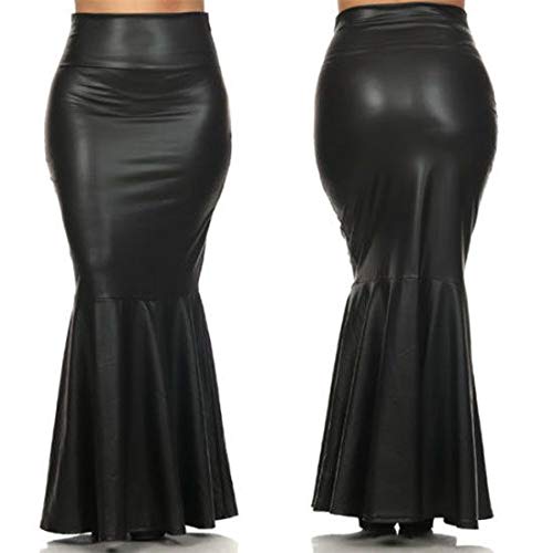 917 - Plus Size Faux Leather Pleated High Waist Maxi Mermaid Skirt2