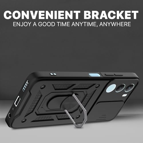 Image of Pikkme Back Cover for Vivo Y29 5G / Vivo Y19s 5G | 360 Protection Case | Sliding Camera Shield Cover & Ring Holder Stand D10 Tough Armor Bumper Case (Black)