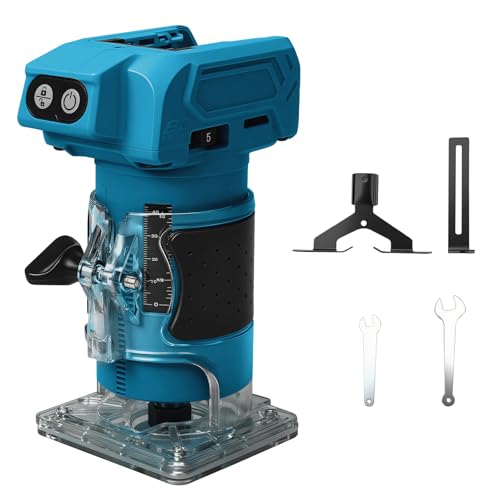 Akku Oberfräse kompatibel mit Makita 18V Akku, 800W Bürstenloser Kantenfräser Set mit 5 Geschwindigkeit, Spannzange 6.35MM, 30000 U/min Akku-Holzfräser für Holzbearbeitung (ohne Akku)