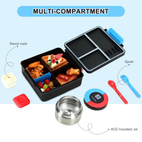 Image of Gamer Bento Lunch Box for Kids, 60 OZ Kids Lunch Box with 8 OZ Leakproof Stainless Steel Insulated Food Jar, 3-4 Compartments Bento Box for School, Includes Sauce Cup & Divider (Blue-Red-A2)