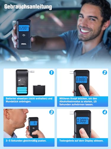 Alkoholtester Polizeigenau Professioneller Alcohol Tester: Hochpräziser Promillemessgerät mit 10 Mundstücken - Tragbarer Promilletester mit… – Ansicht 3