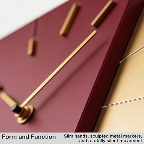 Image of Driini Red and Gold Mid Century Modern Wall Clock, Battery Operated | Square MCM face with a minimalist midcentury look. Contemporary decorative analog design for kitchen, office or living room
