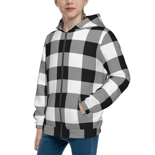 White And Black Plaid Pattern Kid Hoodies Boys Zip Up Sweatshirts Girls Pullover with Pocket