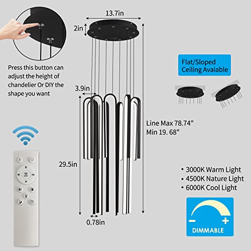 Black Modern Chandelier,9-Light Dimmable Modern Led Chandeliers Hanging Linear Pendant Light Adjustable Height For High Ceiling Living Room Foyer Contemporary Light Fixtures With Remote Control #TOP4