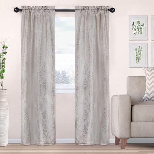 Superior Curtains, Window Treatments, Accents, Drapes Kitchen, Bedroom, Office, Living Room Windows, Rod Pocket, Chic Formal, Venetian Damask Jacquard Embroidered Curtains, Set of 2, 26" x 84", Ivory