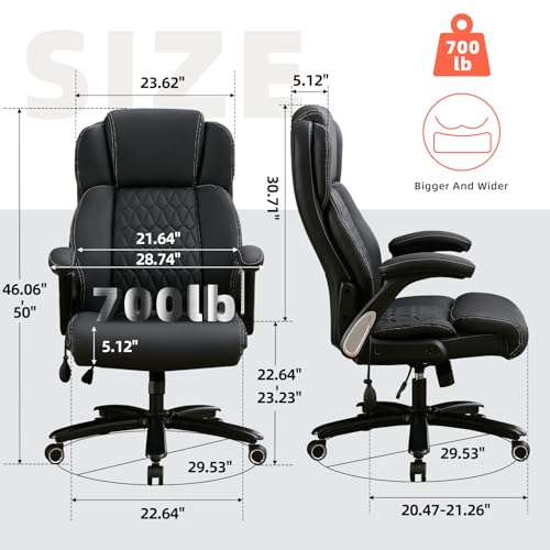 Image of 700lbs Big and Tall Office Chair - Heavy Duty Executive Desk Chair with Inflatable Lumbar Support, Extra Wide Padded Seat, Flip-up Arms, Metal Base & Quiet Rubber Wheels, High Back Ergonomic Chair