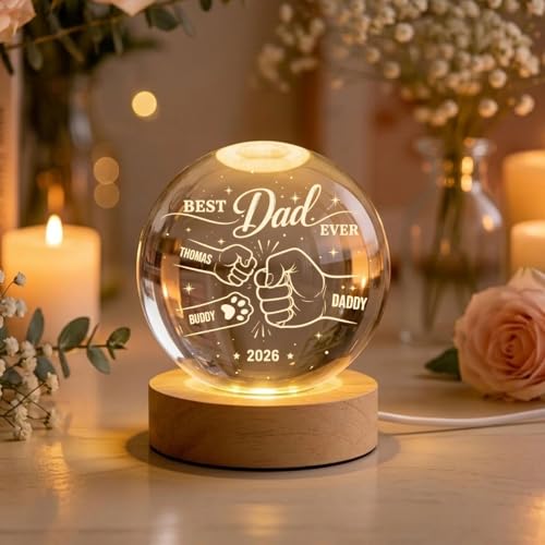 Image of Personalized Best Dad Ever LED Crystal Ball Lamp with Hand Design, Custom Name Dad Gift, Fathers Day Gift from Kids, Daddy Keepsake Light, Customized Gift for Papa