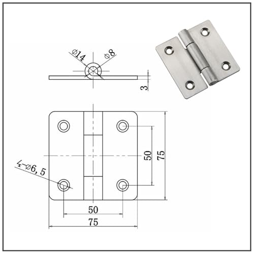 Charnière en acier inoxydable robuste de format 75x75 mm pour usage intensif