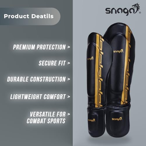Image of Snaga MMA Shin Guard, Leather Shin Guard Pads with High-Density Foam Padding for MMA, Karate, Taekwondo, Kick Boxing & Other Martial Arts (Black-Golden)
