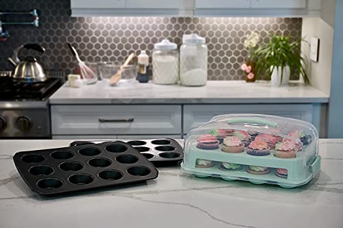 Top Shelf Elements Cupcake Carrier With Two Muffin Pan/Cupcake Pan Stylish Cupcake Carrier With Handle Carrier Holds 24 Cupcakes Muffin Tin Holds 12 Cupcakes Non Stick Cupcake Tray For Baking (Green) #TOP1