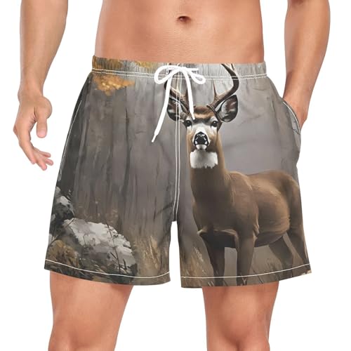 Mens Swim Trunks with Liner, Deer Autumn Forest Cool Quick Dry Beach Swim Shorts, Swimwear Bathing Suits S
