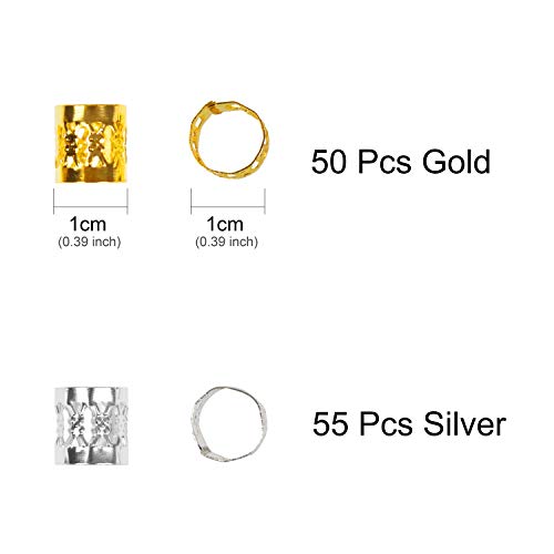 Ryalan 105 Pieces Hair Jewelry Rings Hair Decorations, Aluminum Dreadlocks Beads Metal Cuffs, Including 50 Pcs Gold + 55 Pcs Silver Hair Decorations Rings Clips (105 Pcs) #TOP2