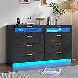 8 Drawers Dresser with Charging Station, White Dresser for Bedroom with LED Lights, Modern Chest of Drawers for Closet, Double Wide Dressers Organizer for Bedroom, Living Room, Entryway (Black)
