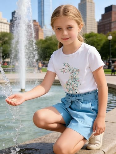 Image of KIDLAGA Toddler Kid Girl Outfits Clothes Floral Short Sleeve T-Shirt Top + Waist Pocketed Summer Short Sets 4-7T Girl Clothes