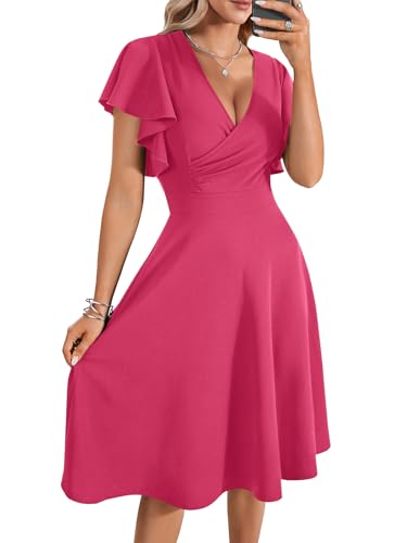 Image of LYANER Women's Warp V Neck Ruffle Short Sleeve A Line Swing Flared Cocktail Party Midi Dress