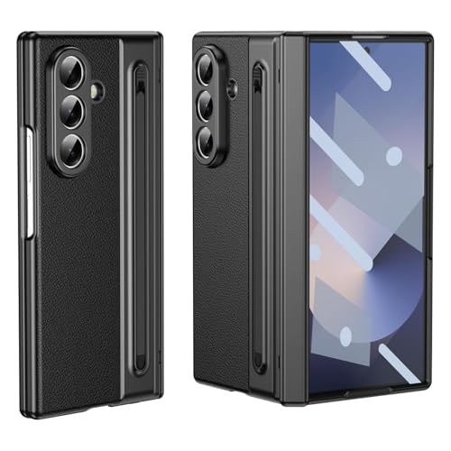 Image of Ultra Hybrid Luxury Leather Compatible with Samsung Galaxy Z Fold 7 (2025)| Built-in S Pen Holder | 360 Hinge Protection | Slim Shockproof Back Cover with Tempered Glass - Black