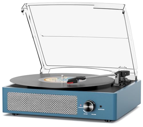 Image of Vinyl Record Player with 2 Stereo Speakers Belt-Driven Vintage Turntables 3 Speed 3 Size Wireless Bluetooth Playback AUX-in RCA Out Headphone LP Vinyl Players Auto Stop Frosted Blue