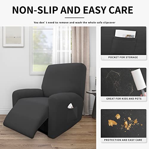 Image of Easy-Going 4 Pieces Waterproof Recliner Chair Slipcover Washable | Stretch Soft Couch Cover for Dogs, Sofa Slipcover for Recliner Couch Furniture Protector for Kids, Pets Dark Gray