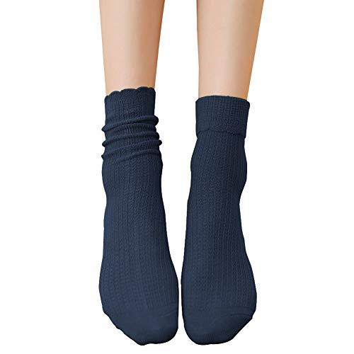 Women's 3 Pairs Turn Cuff Ankle Socks Scalloped Pointelle Solid Basic Casual Crew Sock Size 5-9 (Navy Blue)