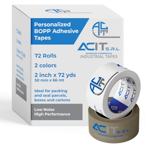 ACIT Cinta adhesiva personalizada, cinta de embalaje para paquetes y cajas de mudanzas, cinta adhesiva personalizada con logotipo, 72 rollos, 2 colores, 66 132 m (66 mt)