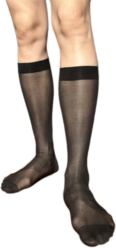 Men's Middle Calf Business Socks with Twill Pattern See Through Thin Nylon Dress Socks Stockings for Formal