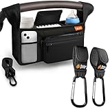 Baby Uma Stroller Caddy & Stroller Hooks - Universal Organizer Bag with XL Insulated Cup Holder, Phone Pocket, Wipes Dispenser, Wrist Bag & Mesh Pocket + 2 Carabiner Clips, Baby Travel Essential Kit