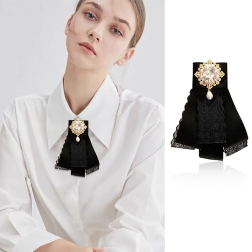 Image of Lace Ribbon Bow Tie Brooch Rhinestone Pearl Necktie for Girl Women Fashion jabot collar brooch pins Pre-Tied Corsage